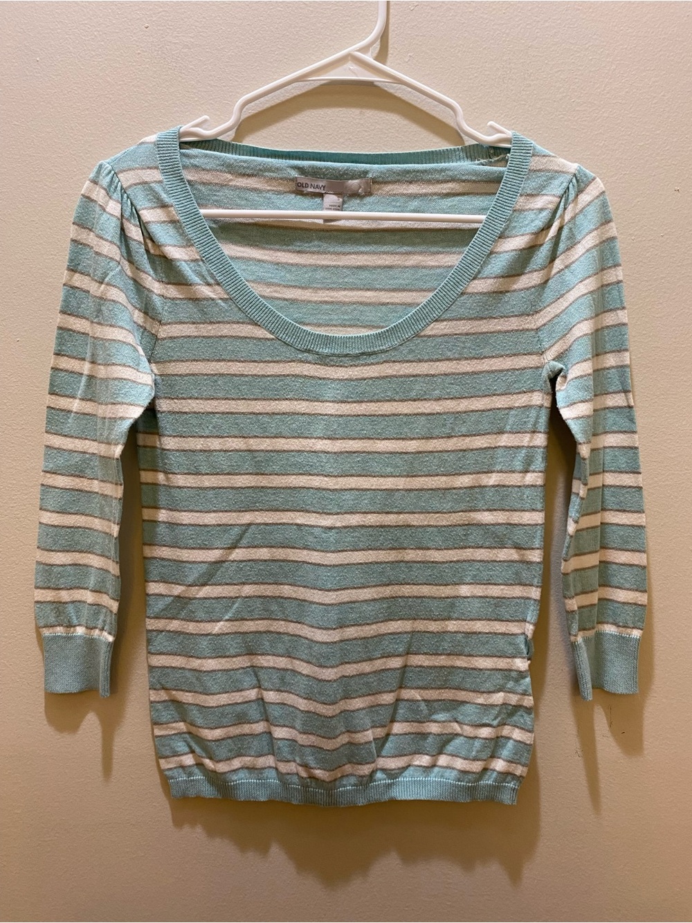 Old Navy Mint Blue & Cream Striped Scoop Neck Top